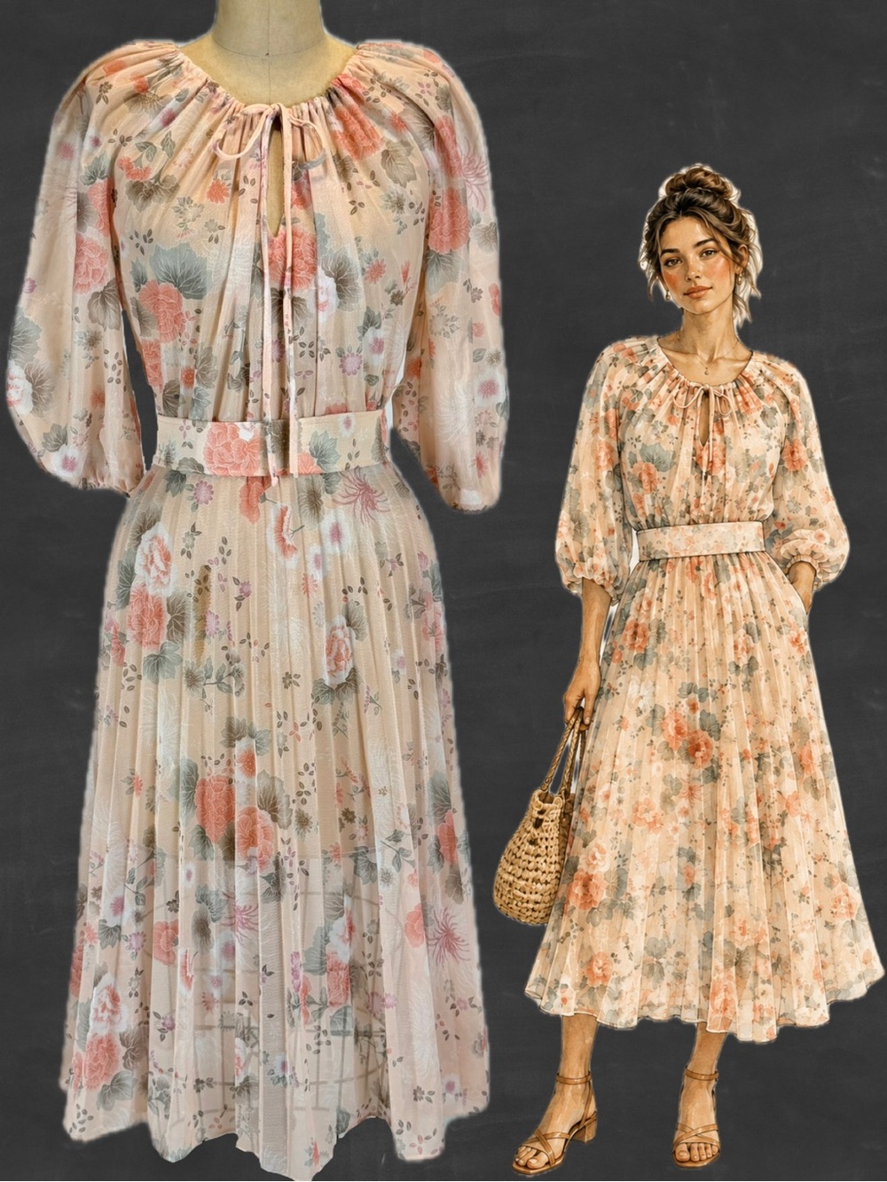 VINTAGE 70s peach flower dress flowy pleated lightweight floral drawstring neck‎
